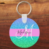 Glam Blue Green Glitter Sparkle Gradient Monogram Sleutelhanger (Voorkant)