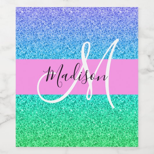 Glam Blue Green Glitter Sparkle Gradient Monogram Wijn Etiket (Enkel label)