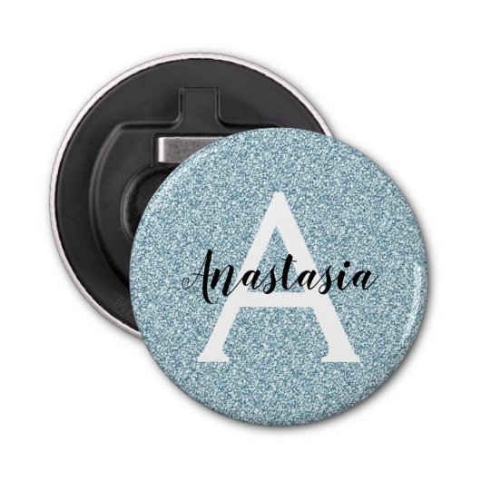 Glam Blue Silver Glitter Sparkles Monogram Button Flesopener (Voorkant)