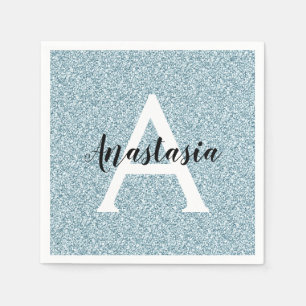 Glam Blue Silver Glitter Sparkles Monogram Servet