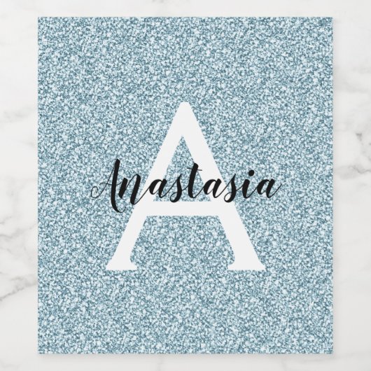 Glam Blue Silver Glitter Sparkles Monogram Wijn Etiket (Enkel label)