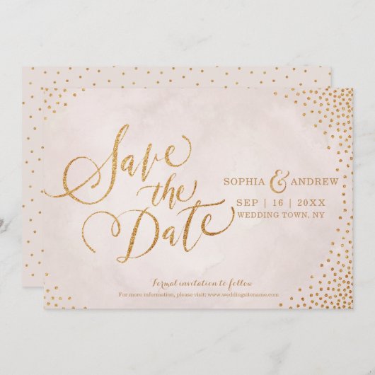 Glam blush roos goud kalligrafie behalve datum save the date (Voorkant / Achterkant)
