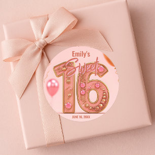Glam Blush Roze en Gouden Edelsteen Sweet Sixteen Ronde Sticker