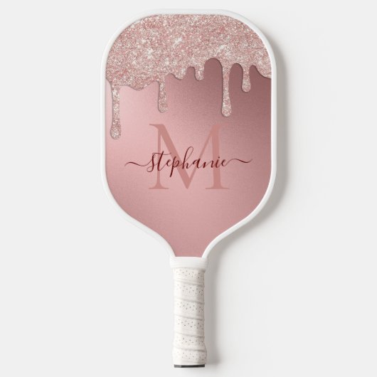 Glam Blush Roze Glitter Drip Folie Monogram Pickleball Paddle (Voorkant)