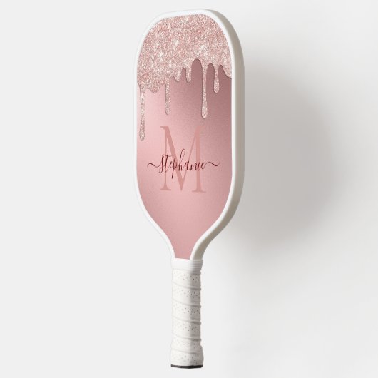 Glam Blush Roze Glitter Drip Folie Monogram Pickleball Paddle (Links)
