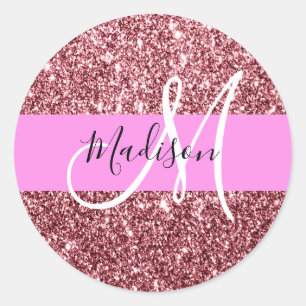 Glam Blush Roze Rose Gold Glitter Sparkle Monogram Ronde Sticker