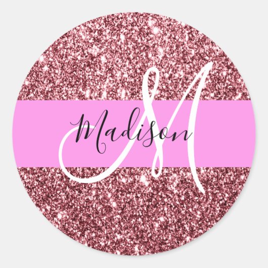 Glam Blush Roze Rose Gold Glitter Sparkle Monogram Ronde Sticker (Voorkant)