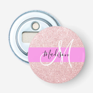 Glam Blush Roze Roze Goud Glitter Glans Monogram Button Flesopener