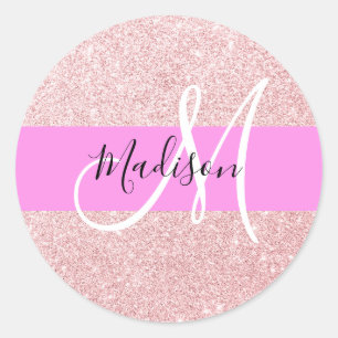 Glam Blush Roze Roze Goud Glitter Glans Monogram Ronde Sticker