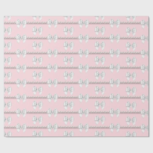 Glam Blush Roze Tiffany Theme Witte Boog Parels Cadeaupapier (Vlak)