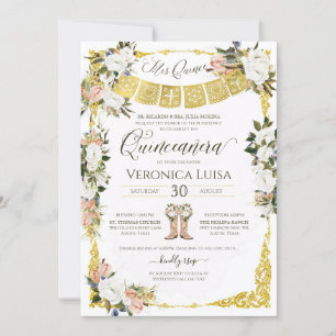 Glam Blush, White met Gold Floral Quinceañera Inv Kaart