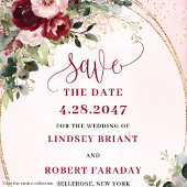 Glam Boho Deep Red Blush Gold Flowers Save Date Kaart