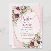 Glam Boho Deep Red Blush Gold Flowers Save Date Kaart (Voorkant)