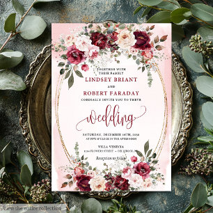 Glam Boho Donkerrood Gouden Bloem Bruiloftsinvito Kaart