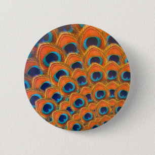 Glam Boho Oranje Blue Peacock Feathers Ronde Button 5,7 Cm