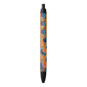Glam Boho Oranje Blue Peacock Feathers Zwarte Inkt Pen