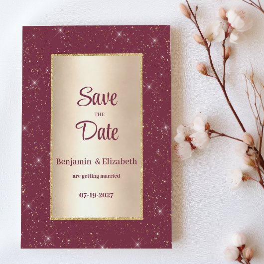 Glam bordeaux goud glitter confetti Save the Date Kaart