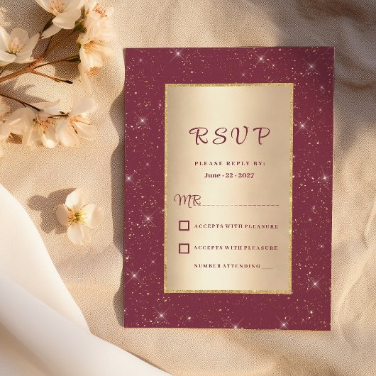 Glam bordeaux gouden glitter confetti RSVP Kaart