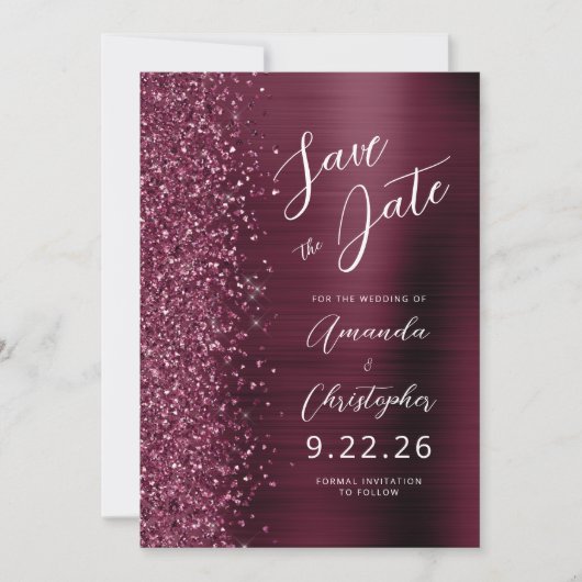Glam Bourgogne Brushed Metal Script Bewaar de datu Aankondiging (Voorkant)