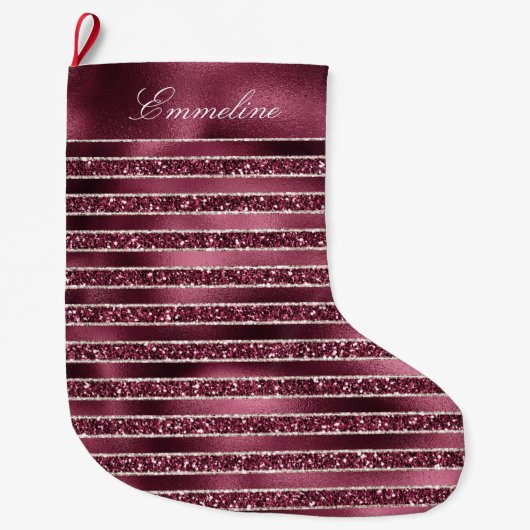 Glam Bourgogne Red Glitter Stripes Grote Kerstsok (Voorkant)