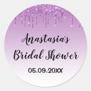 Glam Bruiloftsfeest Paarse Glitterdruppels Glans Ronde Sticker