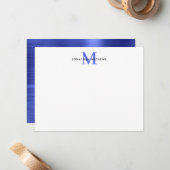 Glam Brushed Metal Royal Blue Classic Monogram Notitiekaartje (Voorkant / Achterkant in situ)