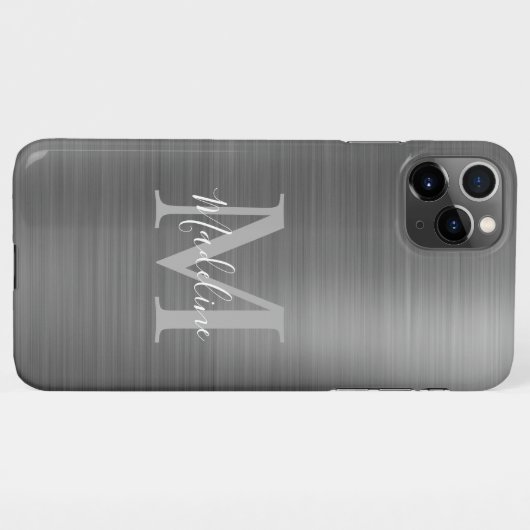 Glam Brushed Metallic Silver Grey Monogram iPhone Hoesje (Achterkant horizontaal)