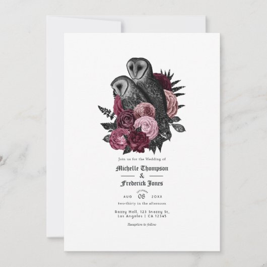  Glam Burgundy Owls Gothic Wedding Kaart (Voorkant)