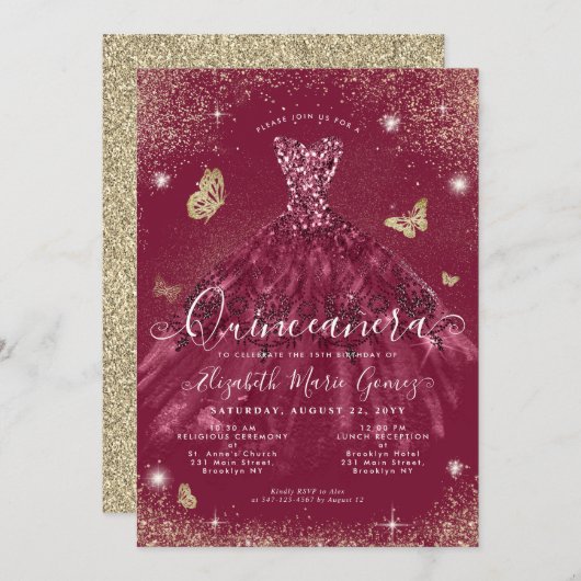 Glam Burgundy Red Gold Glitter Gown Quinceanera Kaart (Voorkant / Achterkant)