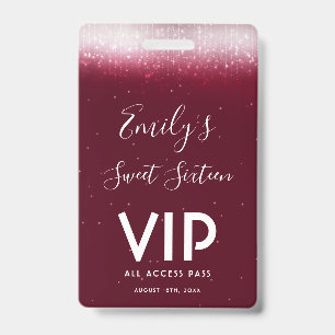 Glam Burgundy Sweet 16 Invitation Carte VIP Badge