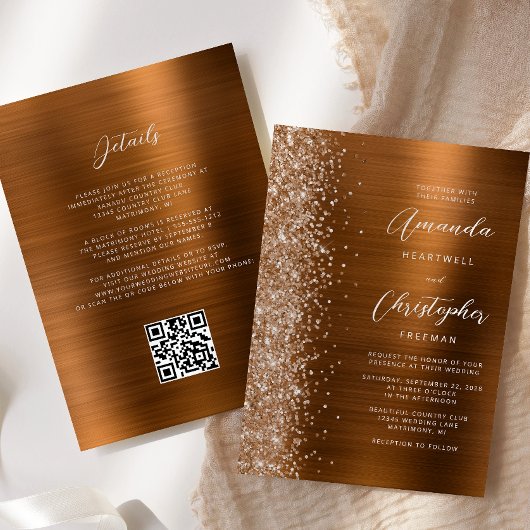 Glam Burnt Orange Brushed Metal QR Code Wedding Kaart