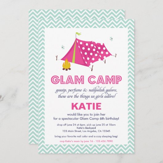 Glam Camp Makeover Girls Birthday Invitation Card (Devant / Derrière)
