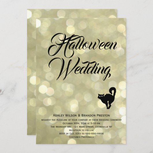 Glam Cat op gouden Halloween bruiloft uitnodiging (Voorkant / Achterkant)
