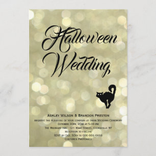 Glam Cat op gouden Halloween bruiloft uitnodiging