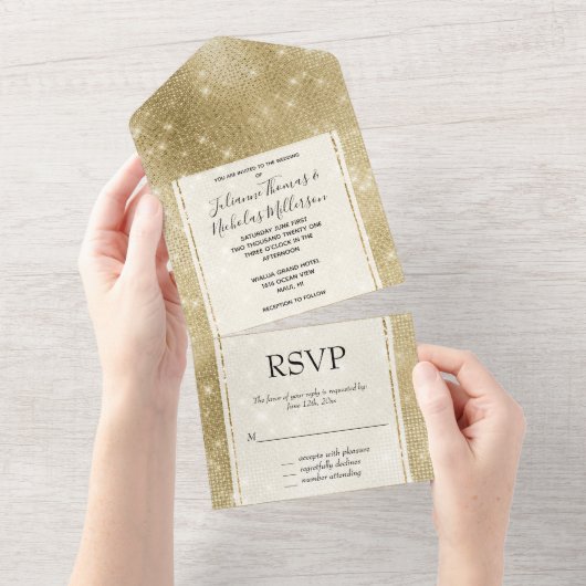 Glam Champagne Gold Glitzy Sparkle All In One Uitnodiging (Afscheurbaar)