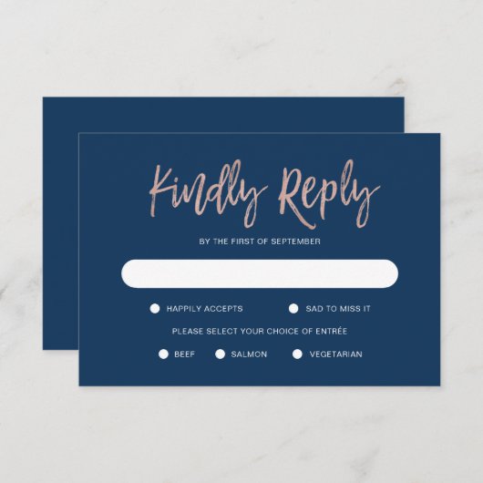 Glam Chic Navy Blue & Rose Gold Wedding Carte RSVP (Devant / Derrière)