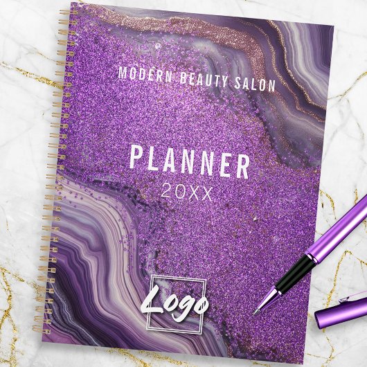 Glam Chic Paarse Glitter Agaat Marmer Jaarlijks Planner