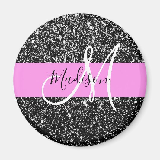Glam Chic Pink Black Glitter Sparkle Name Monogram Magneet (Voorkant)