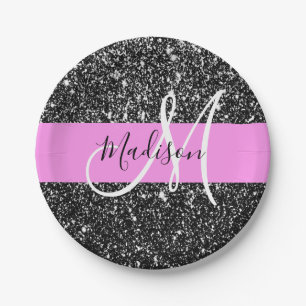 Glam Chic Pink Black Glitter Sparkle Name Monogram Papieren Bordje
