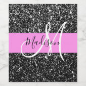 Glam Chic Pink Black Glitter Sparkle Name Monogram Wijn Etiket (Enkel label)