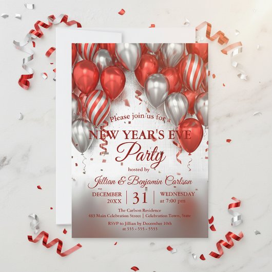 Glam Chic Red Silver Balloons New Year's Eve Party Kaart