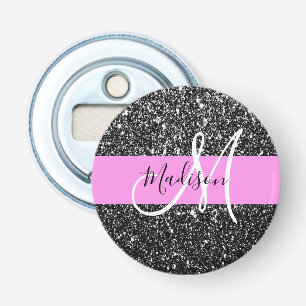 Glam Chic Roze Zwart Glitters Glans Naam Monogram Button Flesopener