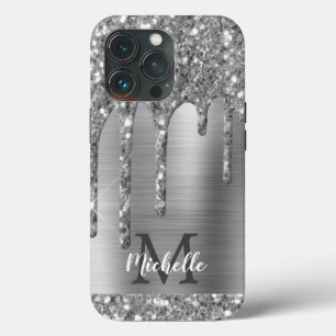 Glam Chic Silver Glitter Drift Monogram Metaal iPhone 13 Pro Hoesje