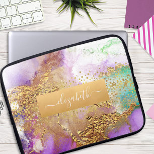 Glam chic waterverf marble gold paars aqua green laptop sleeve