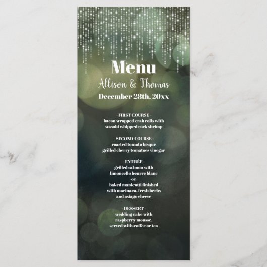 Glam Classy White Fairy Light Green Mariage Menu (Devant)