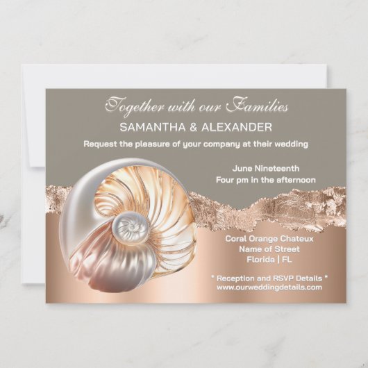 Glam Coastal Shell Beach Wedding Invitation Kaart (Voorkant)