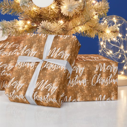 Glam Copper Floral Glitter Merry Kerstscript Cadeaupapier (Feestdagen)