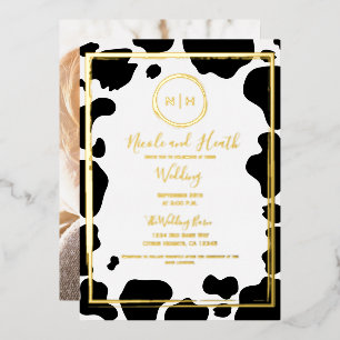 Glam Cow Print Moderne Rand Trouwfoto Goud Folie Uitnodiging
