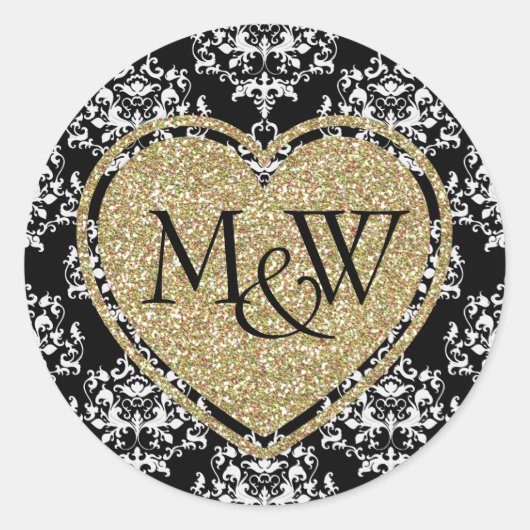 Glam Damask & Gold Glitter Monogram Bruiloft Ronde Sticker (Voorkant)