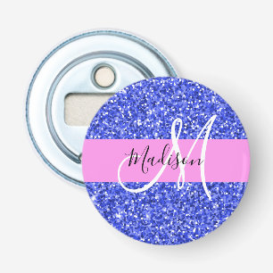Glam Dark Blue Pink Glitter Sparkles Naam Monogram Button Flesopener